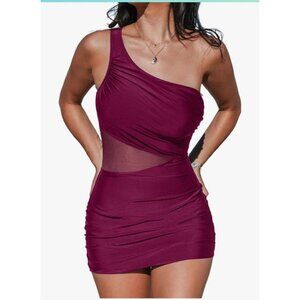 Womens One Piece Swimsuit Small Asymmetrical Neck Mesh Detail Burgundy Sexy